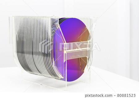 Silicon Wafers in plastic storage box in clear room of semiconductor foundry. 80881523