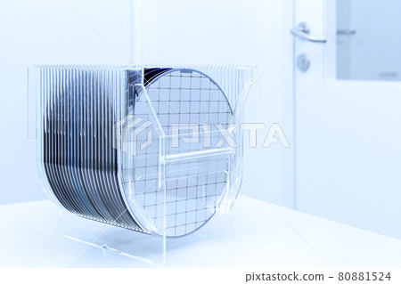 Silicon Wafers in plastic storage box in clear room of semiconductor foundry. 80881524