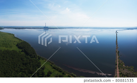 Aerial drone view of lake landscape with road 80881535
