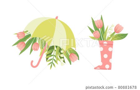 Spring Blooming Pink Tulip Flower Bouquet Vector Set Spring Blooming Pink Tulip Flower Bouquet Vector Set 80881678