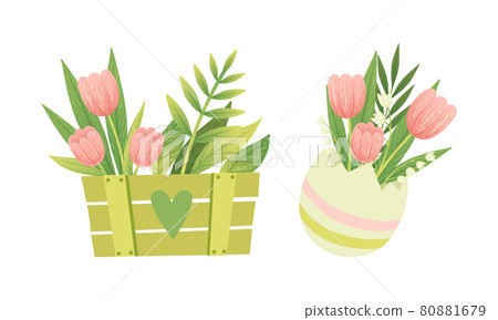 Spring Blooming Pink Tulip Flower Bouquet in Wooden Crate and Vase Vector Set Spring Blooming Pink Tulip Flower Bouquet in Wooden Crate and Vase Vector Set 80881679