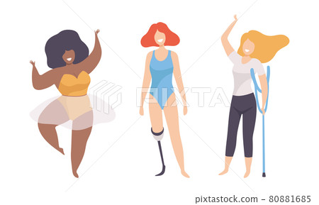 Female with Crutch and Artificial Limb Having Different Figure Type and Height as Body Positive and Self Acceptance Vector Set 80881685