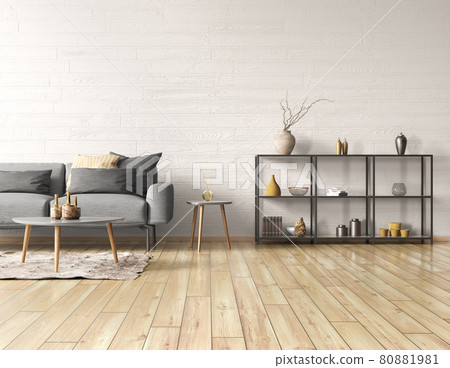 Modern interior design of living room. Gray sofa, and wooden coffee tables over white wall with copy space. Shelf with home accessories. 3d rendering 80881981