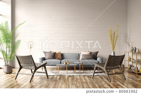 Modern interior design of apartment. Cozy living room with gray sofa, coffee tables and armchairs. Home. 3d rendering 80881982