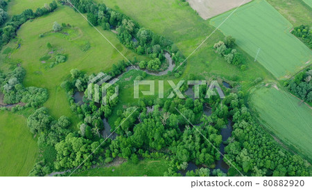 Meanders river delta river dron aerial video shot inland in floodplain forest and lowlands wetland swamp, quadcopter view flying fly flight show, protected landscape area of Litovelske Pomoravi 80882920