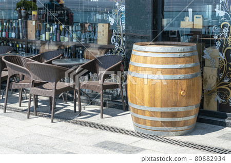 cafe tables with an oak wine barrel 80882934