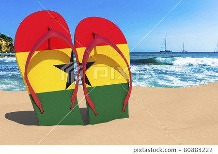 Flip flops with Ghanaian flag on the beach. Ghana resorts, vacation, tours, travel packages concept. 3D rendering Flip flops with Ghanaian flag on the beach. Ghana resorts, vacation, tours, travel packages concept. 3D rendering 80883222