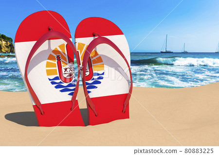 Flip flops with French Polynesian flag on the beach. French Polynesia resorts, vacation, tours, travel packages concept. 3D rendering Flip flops with French Polynesian flag on the beach. French Polynesia resorts, vacation, tours, travel packages concept. 3D rendering 80883225