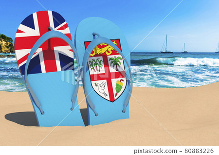 Flip flops with Fijian flag on the beach. Fiji resorts, vacation, tours, travel packages concept. 3D rendering 80883226