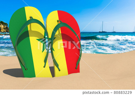 Flip flops with Senegalese flag on the beach. Senegal resorts, vacation, tours, travel packages concept. 3D rendering Flip flops with Senegalese flag on the beach. Senegal resorts, vacation, tours, travel packages concept. 3D rendering 80883229