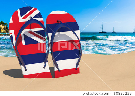 Flip flops with Hawaiian flag on the beach. Hawaii resorts, vacation, tours, travel packages concept. 3D rendering Flip flops with Hawaiian flag on the beach. Hawaii resorts, vacation, tours, travel packages concept. 3D rendering 80883233