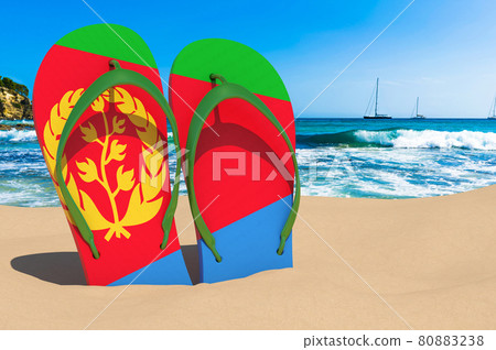 Flip flops with Eritrean flag on the beach. Eritrea resorts, vacation, tours, travel packages concept. 3D rendering Flip flops with Eritrean flag on the beach. Eritrea resorts, vacation, tours, travel packages concept. 3D rendering 80883238