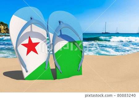 Flip flops with Djiboutian flag on the beach. Djibouti resorts, vacation, tours, travel packages concept. 3D rendering Flip flops with Djiboutian flag on the beach. Djibouti resorts, vacation, tours, travel packages concept. 3D rendering 80883240