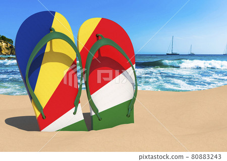Flip flops with Seychelloise flag on the beach. Seychelles resorts, vacation, tours, travel packages concept. 3D rendering Flip flops with Seychelloise flag on the beach. Seychelles resorts, vacation, tours, travel packages concept. 3D rendering 80883243