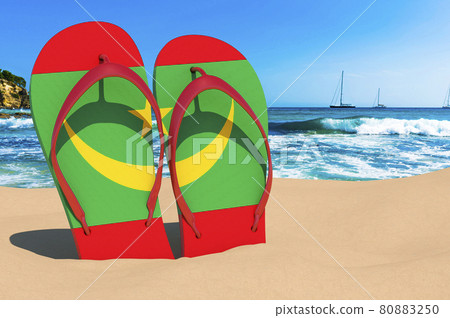 Flip flops with Mauritanian flag on the beach. Mauritania resorts, vacation, tours, travel packages concept. 3D rendering Flip flops with Mauritanian flag on the beach. Mauritania resorts, vacation, tours, travel packages concept. 3D rendering 80883250