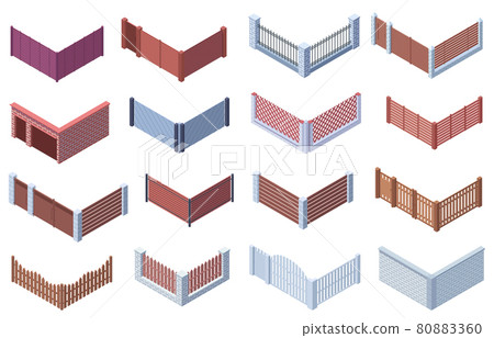 Isometric garden or suburban house 3d gate fences. Wooden, metal trellises, stone gate fences vector illustration set. Courtyard fencing Isometric garden or suburban house 3d gate fences. Wooden, metal trellises, stone gate fences vector illustration set. Courtyard fencing 80883360