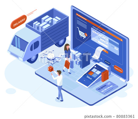 Isometric 3d online shopping, payments and delivery concept. People make purchases use laptop online apps vector illustration. Online store shopping and delivery 80883361