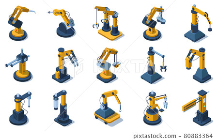 Isometric factory mechanised automated robotic arms. Factory industrial automated robotics arms, mechanical robotic hands vector illustration set. Automated 3d robotic arm 80883364