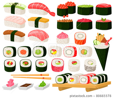 Cartoon asian cuisine rolls, sushi, sashimi dishes. Japanese oriental cuisine, seaweed, rice, fish and meat meals vector illustration set. Traditional sushi dishes Cartoon asian cuisine rolls, sushi, sashimi dishes. Japanese oriental cuisine, seaweed, rice, fish and meat meals vector illustration set. Traditional sushi dishes 80883378