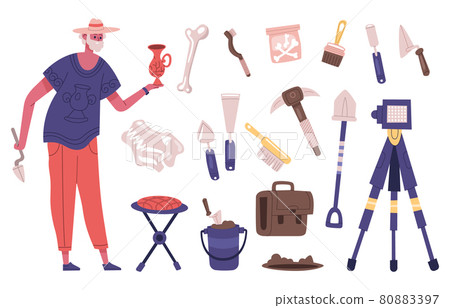 Archaeology explorer character with archaeology dig equipment and artefacts. Male archaeologist at work vector illustration. Archaeology excavation tools 80883397