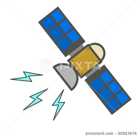 Illustration of an artificial satellite transmitting and receiving communication radio waves 80883676