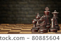 A set of dark wooden chess pieces placed on a chessboard in a brick wall background. The concept of business strategy planning. copy space for text or article. 80885604