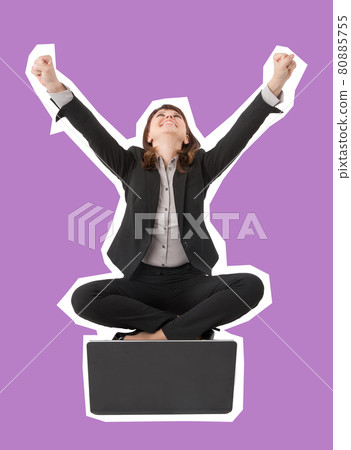 Young smiling young business woman sitting with laptop with hands raised high up excited. Magazine style isolated business concept Young smiling young business woman sitting with laptop with hands raised high up excited. Magazine style isolated business concept 80885755