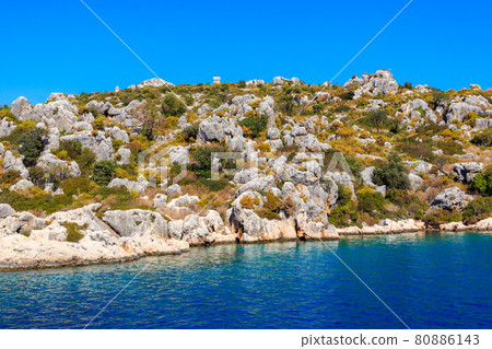 Lycian tombs below turkish Simena fortress near Kekova island in Antalya province, Turkey Lycian tombs below turkish Simena fortress near Kekova island in Antalya province, Turkey 80886143