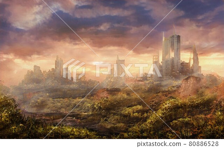 被夕陽照亮的大建築物聳立在田野上的插圖[風景] 80886528