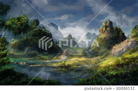 Illustration of mountains surrounded by fresh summer greenery [Landscape] 80886531