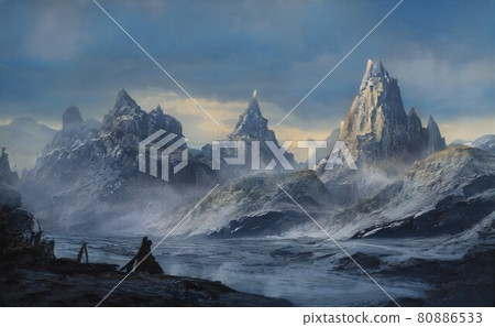Illustration of mountains taken from a winter mountain camp where people are thought to have been [Landscape] 80886533