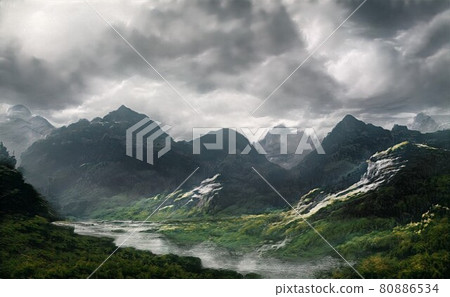 夏季陰天拍攝的新鮮青山插圖[風景] 80886534