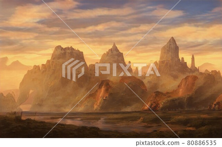 日落時海上巨大落基山的插圖 [風景] 80886535