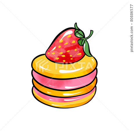 Illustration of a colored drawing of sweets: round cake with pink-yellow cakes soaked in cream and 80886577