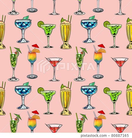Watercolor digital illustration seamless pattern of cocktails of different shapes and colors on Watercolor digital illustration seamless pattern of cocktails of different shapes and colors on 80887165