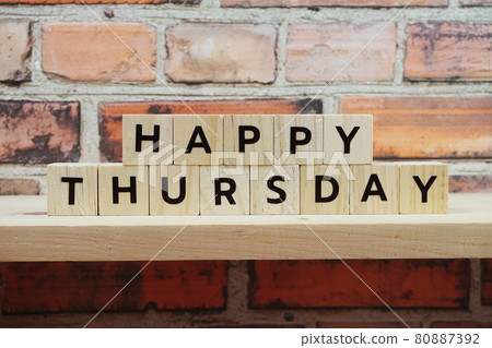 Happy Thursday alphabet letter on shelves wooden background Happy Thursday alphabet letter on shelves wooden background 80887392