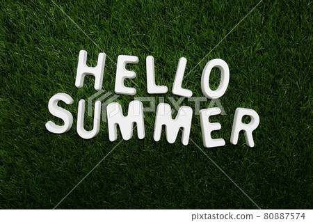 Hello Summer text message on green grass background 80887574