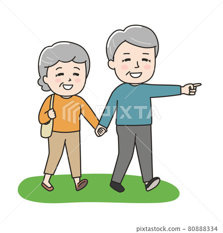 夫妻和老年夫妻牽手走路走路的插畫素材 80888334