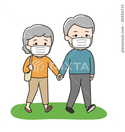 情侶和老年夫婦戴著口罩手牽手走路和走路的插圖素材 80888335