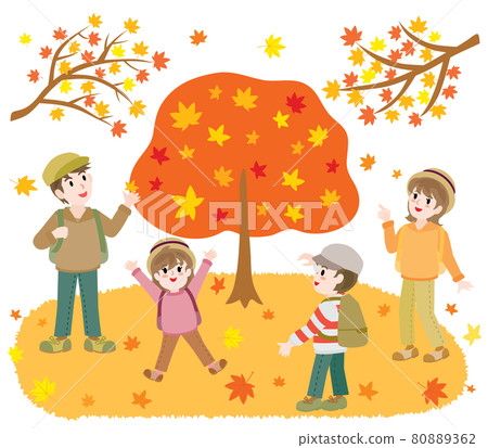 Illustration of a family hunting for autumn leaves 80889362
