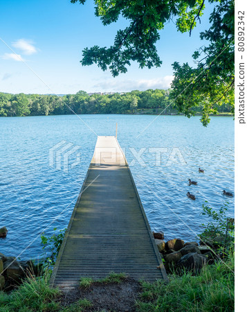 Swimming pier above alum lake Kamencove jezero Swimming pier above alum lake Kamencove jezero 80892342