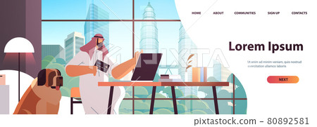 arab man with credit card using laptop online shopping concept living room interior horizontal 80892581