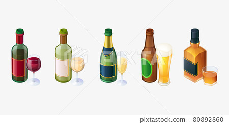 Set bottles and glasses, red and white wine, beer 80892860
