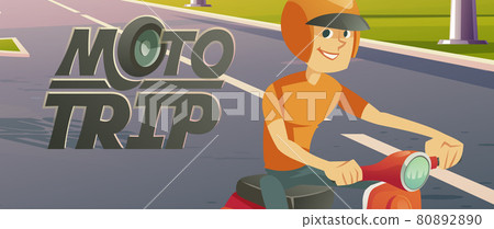 Man riding bike, moto trip cartoon vector banner 80892890