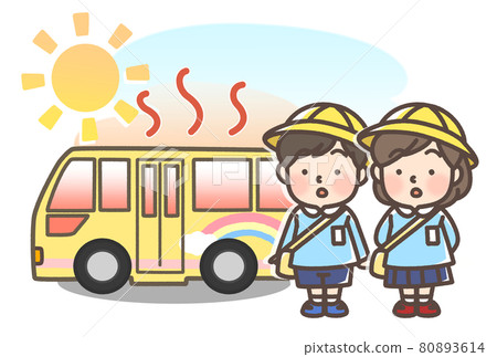 Kindergarten bus and children getting hot under the scorching sun 80893614