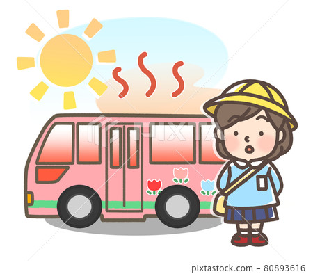 Kindergarten bus and children getting hot under the scorching sun 80893616