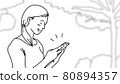 Woman and smartphone. Woman using smartphone. During leisure time. using the phone in everyday life. look at the smartphone and smile. Hand drawing style. illustrations black and white.  . 80894357