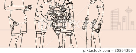Video production and camera set up for movie shooting. Behind the scenes of filming online video production with professional 8k camera equipment and film crew team. Hand drawing style. illustrations. Video production and camera set up for movie shooting. Behind the scenes of filming online video production with professional 8k camera equipment and film crew team. Hand drawing style. illustrations. 80894399
