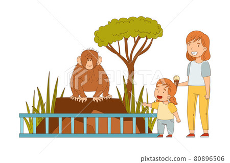 Mother with Little Girl Looking at Monkey Behind Enclosure at Zoo Vector Illustration Mother with Little Girl Looking at Monkey Behind Enclosure at Zoo Vector Illustration 80896506