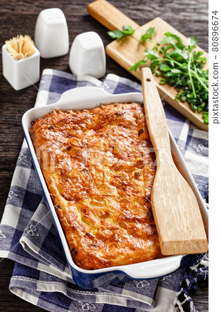 potato kugel, casserole of grated potato, top view 80896674